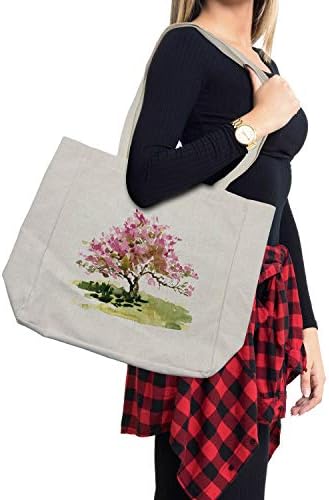 Ambesonne Japán Bevásárló Táska, cseresznyevirág Akvarell Sakura Levelek Vázlat Lombozat, Környezetbarát,